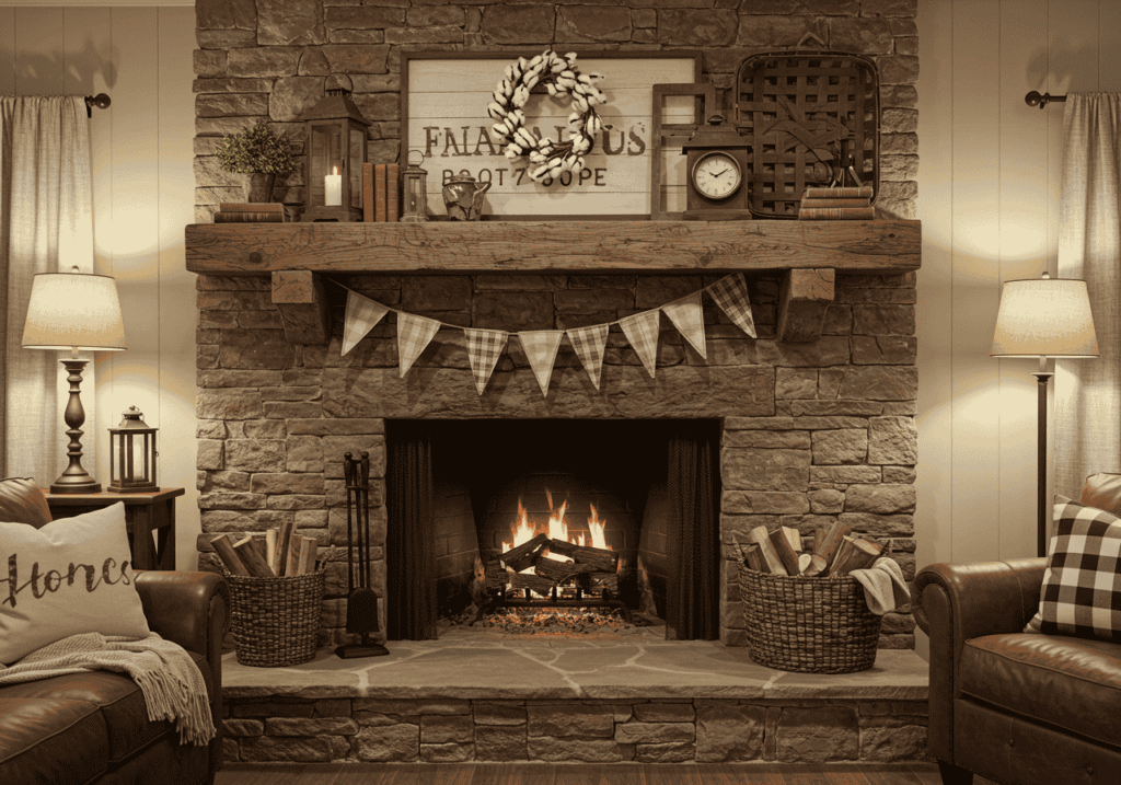 A cozy living room featuring one of the best farmhouse fireplace designs, with a rustic stacked stone facade and a thick wooden beam mantel. A fire burns warmly in the hearth, flanked by leather armchairs, while the mantel is decorated with a cotton wreath, lanterns, and baskets of firewood to complete the inviting scene.