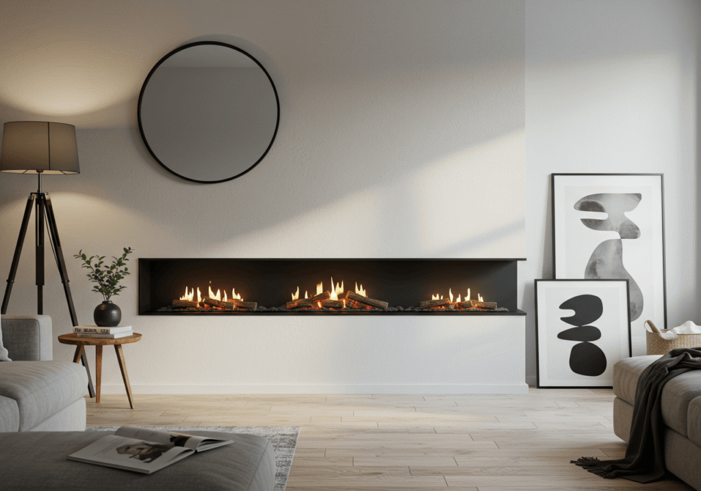 A chic living room centered around a long, modern minimalist fireplace. The black, linear fireplace is recessed into a white wall, with a large round mirror above and abstract black-and-white art to the side, creating a cozy, contemporary aesthetic.